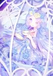  1girl absurdres blue_dress blue_hair bow cage cocoppa_play cup dress floral_print flower frilled_dress frills hair_flower hair_ornament hairclip highres horns in_cage one_eye_closed original pillow purple_eyes single_horn solo star_(symbol) star_hair_ornament teacup unicorn unicorn_girl 