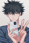  1boy bangs black_hair blue_shirt cellphone closed_mouth commentary eyelashes fushiguro_megumi fushirun_rung green_eyes hair_between_eyes hands_up highres holding holding_phone jujutsu_kaisen looking_at_phone male_focus phone shirt short_hair simple_background smartphone solo spiked_hair sweatdrop symbol-only_commentary v 