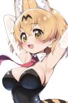  1girl :3 alternate_costume animal_ears arms_behind_back bare_shoulders black_leotard blonde_hair blush cat_ears cat_girl cat_tail detached_collar elbow_gloves extra_ears fang gloves highres kemono_friends leotard necktie open_mouth playboy_bunny ransusan red_necktie serval_(kemono_friends) short_hair sleeveless solo strapless tail upper_body white_gloves yellow_eyes 