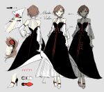  1girl asymmetrical_dress back_cutout bangs black_dress brown_eyes brown_hair character_name clothing_cutout collared_dress colored_shoe_soles crossed_ankles detached_sleeves dress english_text evening_gown flower formal gloves glowing glowing_clothes grey_background grin half_gloves high_collar high_heels layered_dress meiko miku_symphony_(vocaloid) multiple_views official_alternate_costume official_art red_flower red_rose reference_sheet rella rose see-through see-through_dress see-through_sleeves shoes shoes_removed short_hair simple_background sleeve_cuffs sleeveless smile standing turnaround vocaloid wavy_hair white_gloves 