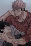  2boys arm_grab bangs bed bed_sheet black_hair black_shirt blush collarbone commentary_request facial_mark fushiguro_megumi fushirun_rung green_eyes hair_between_eyes hand_on_another&#039;s_face highres hood hoodie itadori_yuuji jujutsu_kaisen looking_at_another lying male_focus multiple_boys on_bed parted_lips pillow pink_hair red_hoodie shirt short_hair smile spiked_hair undercut veins yaoi yellow_eyes 