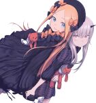  2girls abigail_williams_(fate) absurdres back-to-back black_dress black_ribbon blonde_hair blue_eyes blush commentary daisi_gi dot_nose dress fate/grand_order fate_(series) grey_hair hair_ribbon hat highres horns lavinia_whateley_(fate) long_sleeves looking_at_viewer multiple_girls open_mouth orange_ribbon pink_eyes ribbon see-through shiny shiny_hair simple_background smile stuffed_toy white_background 