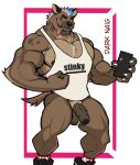  2022 anthro armpit_hair artist_name balls barazoku biceps big_muscles body_hair cellphone chest_hair claws clothing darknaigart english_text eyebrows flaccid flexing footwear foreskin fur genitals hair hi_res holding_object huge_muscles humanoid_genitalia humanoid_penis hyaenid looking_at_viewer male mammal muscular muscular_anthro muscular_male nipples open_mouth open_smile pecs penis phone pubes shirt shoes simple_background smartphone smile socks solo spotted_hyena standing taking_picture tank_top teeth text text_on_clothing text_on_shirt text_on_tank_top text_on_topwear tongue tongue_out topwear tuft vein white_background 