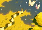  animal_focus butterfree commentary flower flying from_above grass jauni_(tofublock) mareep no_humans pokemon pokemon_(creature) ponyta sparkle standing sunflower 