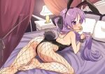  1girl alternate_costume animal_ears ass bangs bed black_bow black_leotard blush bow breasts canopy_bed commentary_request fake_animal_ears fake_tail feet fishnet_legwear fishnets hair_bow hiiragi_kagami hotaru_iori ichimi_renge indoors lamp leotard long_hair looking_at_viewer lucky_star on_bed pantyhose parted_lips pillow playboy_bunny purple_eyes purple_hair rabbit_ears rabbit_tail small_breasts solo tail twintails very_long_hair wrist_cuffs 