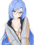 1girl :t bespectacled blue_eyes blue_hair bra breasts chaesu cleavage commentary glasses grey_bra grey_jacket highres jacket long_hair long_sleeves looking_at_viewer minah_(chaesu) original round_eyewear simple_background solo symbol-only_commentary underwear upper_body very_long_hair white_background 