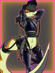  absurd_res andromorph anthro big_tail bondage_gear clothing girly hat headgear headwear hi_res intersex jack_(topazknight) latex latex_stockings lizard looking_at_viewer reptile scalie slit solo straps tight_clothing topazknight 