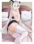  1girl absurdres aegir_(azur_lane) aegir_(iron_blood&#039;s_dragon_maid)_(azur_lane) azur_lane bangs bed bedroom blurry breasts closed_mouth dragon_girl dragon_horns feet_out_of_frame garter_straps hand_on_own_chin highres horns large_breasts lips long_hair looking_at_viewer lying maid maid_headdress multicolored_hair nya_cot official_alternate_costume on_side pillow sideboob simple_background solo streaked_hair thighhighs thighs white_hair white_thighhighs yellow_eyes 