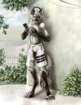  absurd_res anthro bottomwear canid canine clothed clothing coypowers ezra_(trashy_panda) headphones herm hi_res intersex mammal maned_wolf shorts smile solo standing story story_in_description 