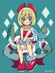  1girl anklet bangs blonde_hair blue_eyes blush_stickers bracelet commentary_request diamond_(shape) glaceon green_background hair_between_eyes hairband highres irida_(pokemon) jewelry kokashiho medium_hair pokemon pokemon_(creature) pokemon_(game) pokemon_legends:_arceus red_footwear red_hairband red_shirt sash shirt shoes shorts strapless strapless_shirt twitter_username white_shorts 