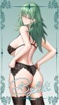  1girl aqua_background ass bare_arms bare_back bare_shoulders blush bra breasts byleth_(fire_emblem) byleth_(fire_emblem)_(female) character_name closed_mouth commission cowboy_shot english_text expressionless fire_emblem fire_emblem:_three_houses from_behind garter_straps green_eyes grey_hair hair_between_eyes highres lace lace_bra lace_legwear lace_panties large_breasts lingerie long_hair looking_at_viewer looking_back median_furrow mixed-language_commentary panties shizuko_hideyoshi solo thighhighs underwear underwear_only 
