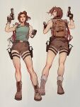  1girl ass backpack bag bangs bare_shoulders belt boots braid breasts brown_eyes brown_footwear brown_hair compass dual_wielding facing_away facing_viewer fingerless_gloves full_body gloves green_shirt grey_background grey_shorts gun handgun holding holding_gun holding_weapon holster lara_croft long_hair looking_back medium_breasts multiple_views muscular muscular_female parted_bangs rope shirt shorts tank_top thigh_holster tholia_bentz tomb_raider wavy_hair weapon 