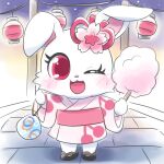  1:1 accessory anthro asian_clothing blush candy clothing cotton_candy dessert east_asian_clothing female flower flower_in_hair food footwear fur hair hair_accessory hair_ribbon japanese_clothing jewelpet kinomi_(artist) lagomorph lamp lantern leporid mammal night one_eye_closed open_mouth open_smile paper_lantern pink_clothing plant rabbit red_eyes ribbons ruby_(jewelpet) sandals sanrio smile solo white_body white_fur yukata 