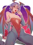  1girl bare_shoulders bat_hair_ornament bat_wings breasts cellphone demon_girl demon_wings finger_to_tongue fingerless_gloves fur_trim gloves hair_ornament head_wings inhoso leotard lilith_aensland lips looking_at_viewer pantyhose phone pointy_ears red_eyes red_leotard red_lips slit_pupils smartphone spread_legs tongue tongue_out vampire_(game) wings 