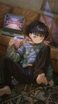  1boy absurdres barefoot black_hair black_pants brown_eyes calendar_(object) computer couch dutch_angle feet full_body highres holding_mouse_(computer) indoors laptop long_sleeves looking_at_viewer male_child male_focus maze mouse_(computer) original pants sasakure_(mogunonbi) windows windows_95 