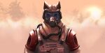  anthro bandanna beol blood blood_splatter bodily_fluids burning canid canine canis clothing embers fire gas_mask hose jumpsuit kerchief looking_at_viewer male mammal marsonaut mask shoulder_pads solo suit topwear vest visor wolf 