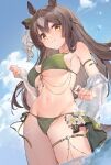  1girl animal_ears armband bare_shoulders bikini breasts brown_hair chain cleavage commentary ear_ribbon elise_(piclic) flower green_bikini highres horse_ears horse_girl jewelry looking_at_viewer medium_breasts open_clothes open_shirt satono_diamond_(umamusume) shirt shirt_removed skirt sky smile solo swimsuit thigh_strap thighs umamusume underboob wading water wet yellow_eyes 