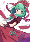  1girl arm_ribbon bangs bow closed_mouth dress frilled_bow frilled_ribbon frills front_ponytail green_eyes green_hair hair_bow hair_ribbon highres kagiyama_hina long_hair looking_at_viewer miz_(mizillustration) red_bow red_dress red_ribbon ribbon short_sleeves simple_background smile solo touhou white_background 