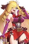  bangs bare_shoulders blonde_hair breasts bullet chelle_(dragalia_lost) detached_sleeves dragalia_lost drill_hair gloves gonzarez green_eyes hair_ornament hand_fan highres holding holding_fan large_breasts long_hair looking_at_viewer official_alternate_costume open_mouth purple_gloves solo thighhighs turtleneck upper_body 
