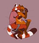  ailurid anthro bed bodily_fluids clothing cum cum_while_penetrated duo felid feline furniture genital_fluids hand_holding hi_res lambda_(character) male male/male mammal muttzone penetration red_panda spooning 