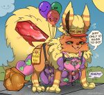  ball_gag balloon bdsm belly_riding belly_strap birthday blinders bodily_fluids bondage bound churning clothing collar creamygrapes cum cum_inside dripping duo eeveelution english_text eyewear facial_piercing feral flareon fluffy forced gag genital_fluids goodra hat headgear headwear hi_res inflatable knot knotting lips_(soursylveon) male male/male nintendo nose_piercing nose_ring park piercing pok&eacute;mon pok&eacute;mon_(species) public public_sex pulsing_balls ring_piercing sex sidewalk text tired video_games vovo 