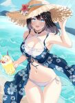  1girl absurdres bangs bikini blue_eyes blush breasts choker cleavage floral_print flower food frilled_bikini frills halterneck hat highres ice_cream ice_cream_float large_breasts long_hair looking_at_viewer navel o-ring o-ring_choker ocean open_mouth original rererere_mon smile solo swimsuit thigh_gap white_bikini 