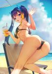  1girl absurdres arpeggio_kaga ass bare_arms bare_shoulders beach bikini black_bikini blue_eyes blue_hair breasts chair cup day displayer disposable_cup feet_out_of_frame folding_chair from_behind hands_up highres holding horns long_hair looking_at_viewer looking_back medium_breasts multicolored_hair open_mouth outdoors rinka_raizenbain solo sunlight swimsuit thighs twintails twisted_torso two-tone_hair virtual_youtuber 