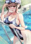  1girl :o absurdres bangs black_swimsuit blush breasts brown_eyes brown_hair cleavage commentary_request goggles goggles_on_head highres large_breasts looking_at_viewer mole mole_under_eye ogata_tei one-piece_swimsuit open_mouth original outdoors pool sideboob solo swim_cap swimsuit thighs wet 