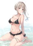  1girl ahoge arms_behind_back bare_arms bare_legs bare_shoulders barefoot bikini bikini_skirt black_bikini black_skirt black_wrist_cuffs blonde_hair blush braid breasts brown_eyes cleavage closed_mouth frilled_bikini frills front-tie_top hair_ornament halter_top halterneck highleg highleg_bikini highres large_breasts looking_at_viewer microskirt navel original pout shallow_water short_hair_with_long_locks sidelocks sitting sitting_on_water skirt solo stomach strap_gap string_bikini swimsuit thigh_strap underboob wariza water wet wing_(aiastor) wrist_cuffs x_hair_ornament 