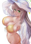  1girl ass bangs bare_shoulders bikini blue_archive blush breasts cleavage collarbone green_eyes halo hat highres large_breasts light_brown_hair long_hair looking_at_viewer navel nonomi_(blue_archive) nonomi_(swimsuit)_(blue_archive) ono_misao smile solo sun_hat swimsuit white_headwear yellow_bikini 