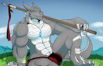  abs aliensymbol anthro biceps bulge claws clothing detailed_background digital_media_(artwork) digitigrade dominant dragon flaccid genitals gideon grey_body grin happy hi_res jockstrap kardukk kardukk_(artist) kobold macro male male/male melee_weapon multicolored_body paws pecs penis polearm pose pride_(disambiguation) reptile scalie shaded smile solo spear spikes two_tone_body two_tone_tail underwear weapon white_body 