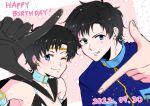  2022 absurdres bishoujo_senshi_sailor_moon black_gloves black_hair blue_eyes choker dated earrings gloves happy_birthday highres jewelry looking_at_viewer moon_(ornament) one_eye_closed sailor_star_fighter seiya_kou short_hair smile star_(symbol) star_earrings tamako_lib teeth 