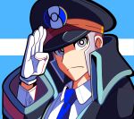  1boy black_coat black_headwear blue_necktie closed_mouth coat collared_shirt commentary dress_shirt frown gloves grey_eyes grey_hair hand_up hat high_collar highres ingo_(pokemon) long_sideburns long_sleeves male_focus necktie peaked_cap pokemon pokemon_(game) pokemon_bw rei_(esprei96) salute shirt short_hair sideburns solo symbol-only_commentary trench_coat upper_body white_gloves white_shirt 