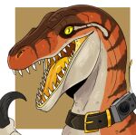  ambiguous_gender black_claws black_collar brown_background brown_body brown_stripes claws collar dinosaur glistening glistening_tongue grey_body imperatorcaesar open_mouth orange_body pupils reptile scalie sharp_teeth simple_background slit_pupils solo striped_neck stripes teeth tongue yellow_eyes yellow_tongue 