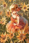  1girl ahoge blonde_hair blush collarbone dress field flower flower_field hair_flower hair_ornament highres ibuki_tsubasa idolmaster idolmaster_million_live! light_smile looking_up outdoors red_dress skirt_hold sleeveless sleeveless_dress solo sunflower sunflower_hair_ornament tsubomi_fanart 