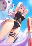  1girl animal_ears armpits ass_visible_through_thighs bangs black_swimsuit blunt_bangs breasts casual_one-piece_swimsuit eyewear_on_head gold_ship_(run_revolt_launcher)_(umamusume) gold_ship_(umamusume) grey_hair hands_up highres horse_ears horse_girl horse_tail long_hair looking_at_viewer looking_down medium_breasts one-piece_swimsuit purple_eyes purple_hair smile solar_(happymonk) solo sunglasses swimsuit tail thigh_strap umamusume water_gun 