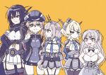  5girls anchor_hair_ornament black_coat black_gloves black_hair black_pantyhose black_thighhighs blonde_hair blue_necktie breasts brown_eyes capelet coat colorado_(kancolle) commentary_request conte_di_cavour_(kancolle) conte_di_cavour_nuovo_(kancolle) corset cowboy_shot detached_collar dress dress_shirt elbow_gloves fingerless_gloves garrison_cap garter_straps gloves grey_capelet grey_dress grey_eyes grey_hair grey_headwear grey_skirt hair_ornament hat headgear height_difference highres kantai_collection kikumon large_breasts long_hair low_twintails maryland_(kancolle) microskirt military military_uniform minigirl multiple_girls nagato_(kancolle) nagato_kai_ni_(kancolle) nami_nami_(belphegor-5812) necktie pantyhose pleated_dress pleated_skirt prinz_eugen_(kancolle) shirt short_hair skirt standing thigh_gap thighhighs twintails two_side_up uniform white_dress white_shirt white_skirt yellow_background 