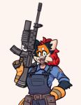  anthro assault_rifle canid canine clothing cute_fangs edit engineer_(team_fortress_2) female fox gloves green_eyes grenade_launcher gun hair hand_on_hip handwear looking_at_viewer m16 mammal orange_body overalls pepper_(sketchytoasty) ranged_weapon red_hair rifle shirt simple_background sketchytoasty smile smiling_at_viewer solo team_fortress_2 tied_hair topwear valve video_games weapon 