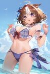  1girl @_@ ahoge animal_ears arm_garter armor bangs bare_shoulders bikini bikini_armor blush bracelet breasts brown_hair choker cleavage commentary elise_(piclic) groin hairband hands_up highres horizon horse_ears jewelry large_breasts medium_hair meisho_doto_(umamusume) multicolored_hair navel open_mouth plaid plaid_bikini purple_bikini purple_eyes raised_eyebrows sideboob solo stab swimsuit two-tone_hair umamusume wading water wet wet_hair 