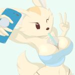  &lt;3 &lt;3_eyes 1:1 2019 5_fingers absurd_res aggressive_retsuko anthro beverage big_breasts black_nose bluechika breasts canid canine cellphone cleavage clothed clothing container cup curvy_figure drinking female fennec fenneko fingers fox fur gesture hi_res mammal navel nipple_outline object_between_breasts one_eye_closed phone sanrio selfie simple_background solo tan_body tan_fur v_sign wink 