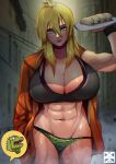  1girl abs absurdres blonde_hair blue_eyes breasts caiman_(dorohedoro) dorohedoro dumpling food highres huge_breasts jacket jiaozi long_hair looking_at_viewer muscular muscular_female nikaidou_(dorohedoro) orange_jacket smile xuuikie_ashe 