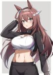  1girl ahoge alternate_costume animal_ears arm_up bandeau bangs black_shorts blush breasts brown_hair cleavage commission green_eyes hairband hand_in_own_hair horse_ears kagerou_(gigayasoma) large_breasts long_hair long_sleeves looking_at_viewer midriff mihono_bourbon_(umamusume) navel open_mouth shorts shrug_(clothing) skeb_commission solo umamusume upper_body 