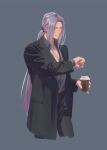  1boy alternate_costume alternate_hairstyle aqua_eyes bangs black_jacket black_pants casual coffee cowboy_shot cup disposable_cup final_fantasy final_fantasy_vii final_fantasy_vii_remake grey_background grey_hair grey_shirt ho_fan holding holding_cup jacket long_bangs long_hair looking_at_watch low_ponytail male_focus open_collar pants parted_bangs sephiroth shirt shirt_tucked_in solo standing very_long_hair watch wristwatch 