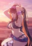  1girl armpits arms_behind_head arms_up bangs beach bikini black_bikini blush breasts brown_hair fate/grand_order fate_(series) highres large_breasts long_hair moriyama_daisuke osakabe-hime_(fate) osakabe-hime_(swimsuit_archer)_(fate) ponytail purple_eyes solo swimsuit thighs tying_hair very_long_hair 