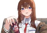  1girl :d bangs blue_eyes blush brown_hair brown_jacket can collared_shirt fingernails hair_between_eyes highres holding holding_can jacket long_hair long_sleeves looking_at_viewer makise_kurisu necktie off_shoulder open_clothes open_jacket open_mouth red_necktie shirt simple_background smile soda_can solo steins;gate tsukino_(nakajimaseiki) upper_body white_background white_shirt 