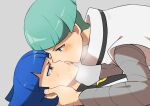  2boys bangs blue_eyes blue_hair blunt_bangs blush commentary_request eye_contact from_side green_eyes green_hair grey_shirt kiss kono2noko looking_at_another male_focus multiple_boys pokemon pokemon_(game) pokemon_dppt saliva saturn_(pokemon) shirt short_hair sweat team_galactic team_galactic_grunt team_galactic_uniform tongue tongue_out vest white_vest yaoi 