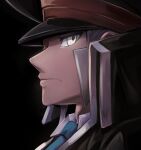  1boy black_background black_coat black_headwear blue_necktie closed_mouth coat collared_shirt commentary_request from_side frown grey_eyes grey_hair hat high_collar highres ingo_(pokemon) long_sideburns male_focus necktie peaked_cap pokemon pokemon_(game) pokemon_bw portrait rei_(esprei96) shirt short_hair sideburns simple_background solo trench_coat white_shirt 