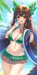  1girl :d ahoge bangs beach bikini black_wings blue_sky bottle bow breasts brown_hair buoy cleavage cloud commentary eyewear_on_head green_bikini green_bow groin hair_bow hair_ornament heart heart-shaped_eyewear highres holding holding_bottle jewelry kiramarukou large_breasts long_hair looking_at_viewer navel ocean open_mouth outdoors palm_tree pendant plastic_bottle radiation_symbol red_eyes reiuji_utsuho sky smile solo standing sunglasses sweat swimsuit symbol-only_commentary symbol-shaped_pupils thigh_gap third_eye touhou tree wings yellow-framed_eyewear 