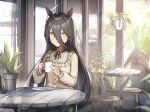  1girl ahoge animal_ears bangs black_hair closed_mouth cup earrings frilled_shirt_collar frills hair_between_eyes highres holding holding_cup horse_ears jewelry kagerou_(gigayasoma) long_hair manhattan_cafe_(umamusume) multicolored_hair neck_ribbon outdoors plant potted_plant ribbon saucer shirt single_earring sitting smile solo stool streaked_hair umamusume yellow_eyes yellow_shirt 