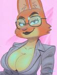 anthro big_breasts breasts canid canine cleavage clothed clothing diane_foxington dreamworks eyebrow_piercing eyelashes eyewear facial_piercing female fox glasses hi_res jacket lipstick makeup mammal nipple_outline piercing smile solo the_bad_guys topwear wolftang 